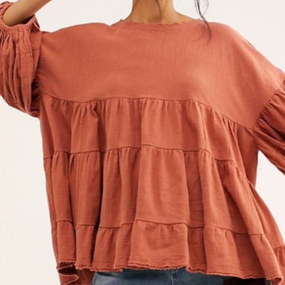 Free People the Briana Bohemian Puffed Sleeve Gauzy Rust Colored Top Size Small